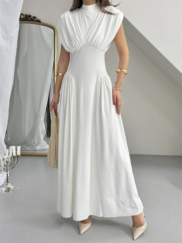 Korse Detaylı Drapeli Elbise - Ekru