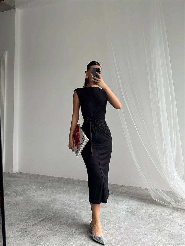 Yandan Bağlamalı Elbise - Siyah