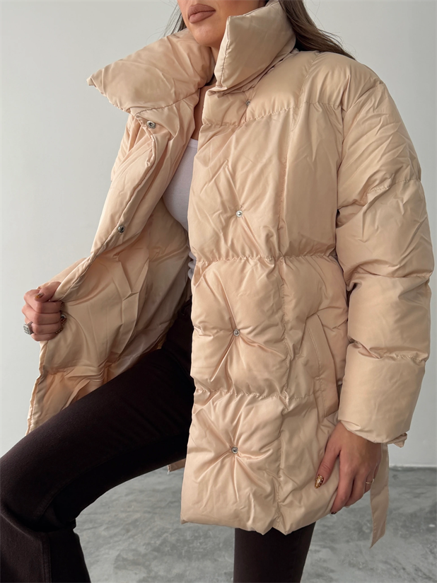 Kuşaklı Şişme Mont  - Bej