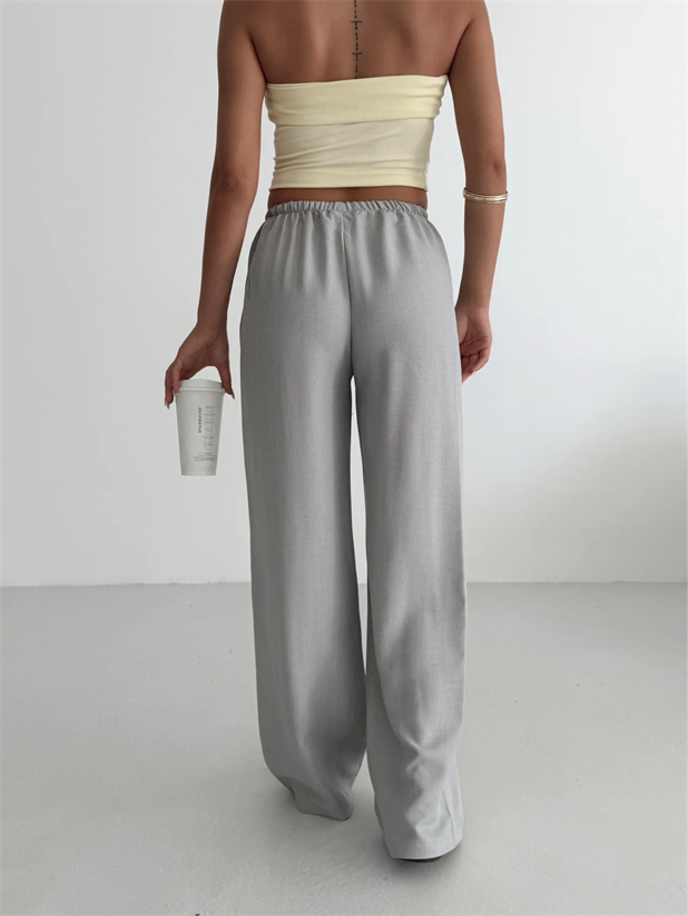 Beli İnce Lastikli Keten Palazzo - Gri