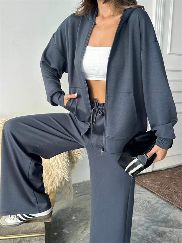 Modal Fermuarlı Sweat-Palazzo Takım - Antrasit