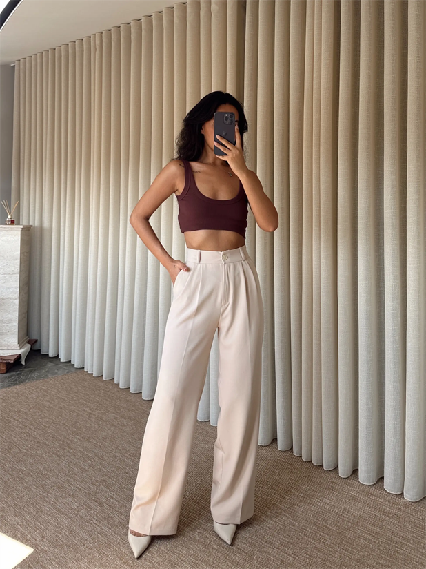 Bel Lastik Palazzo Pantolon - Taş