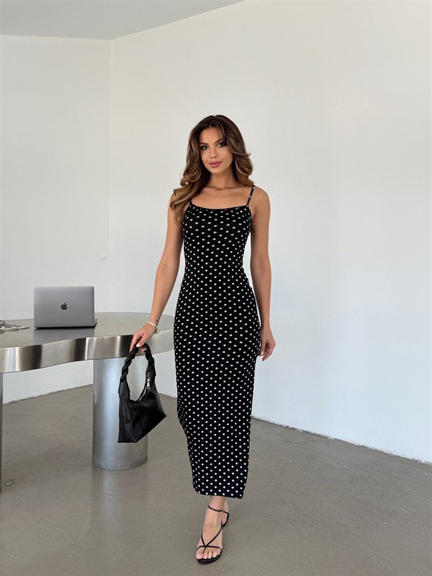 Askılı Puantiye Elbise - Siyah