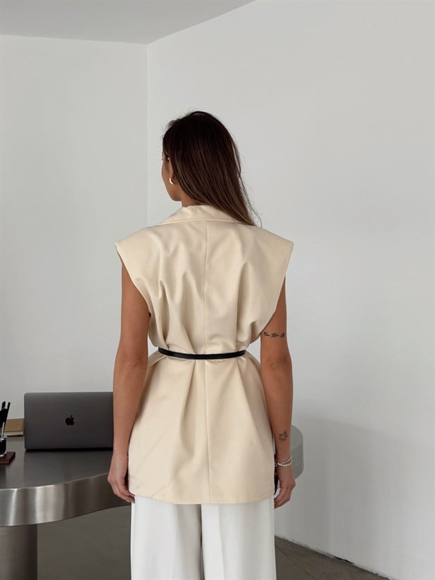 Deri Kemerli Yelek - Krem