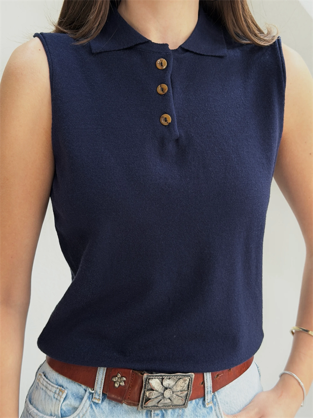 Sıfır Kol Yarım Düğme Triko Bluz - Lacivert