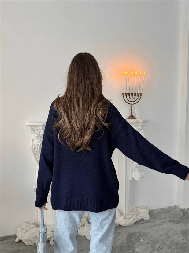 Yıkamalı Şardonlu Triko Kazak - Lacivert