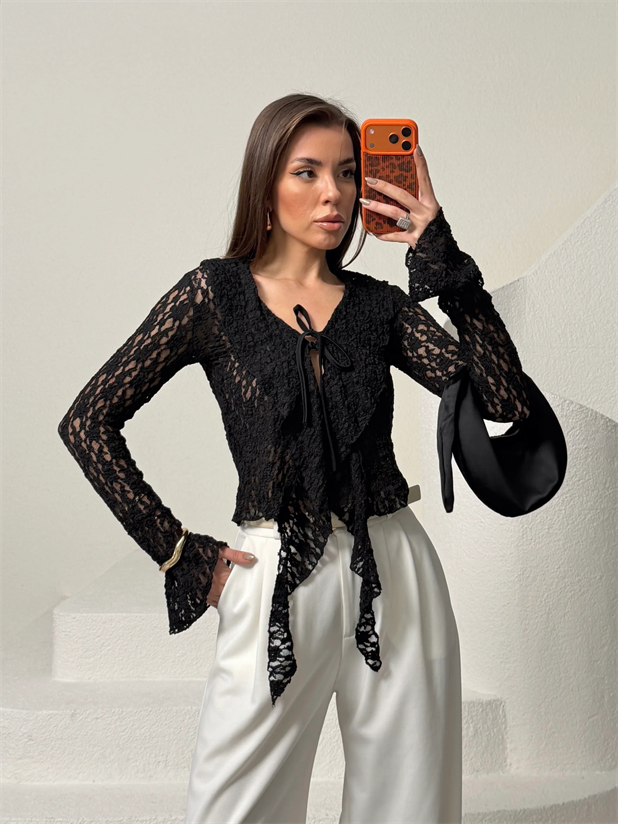 İspanyol Kol Bağcıklı Dantel Bluz - Siyah