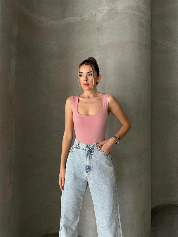 Hera Kare Yaka Bodysuit Pembe - Pembe