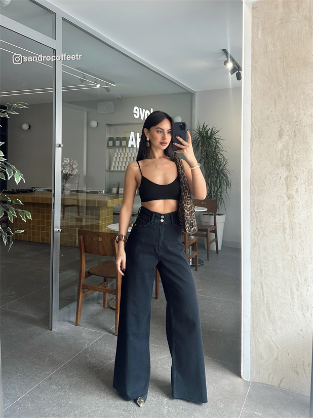 Geniş Kemerli Baggy Jean  - Siyah