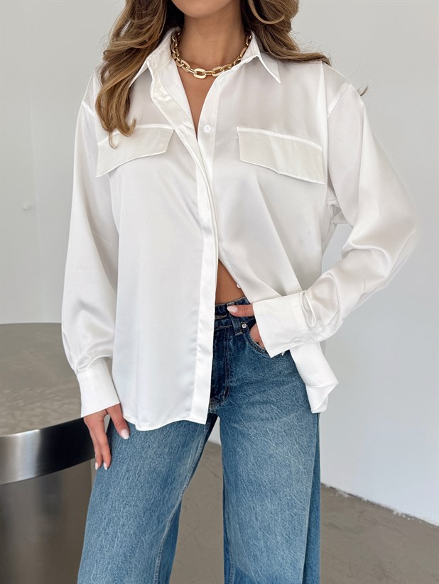 Kapak Cepli Krep Saten Gömlek - Beyaz