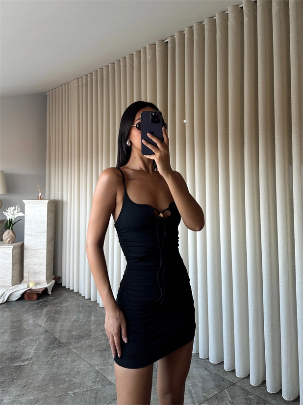 Yan Drape Mini Elbise  - Siyah