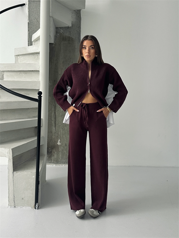 Poplin Fermuarlı Triko Takım - Mürdüm