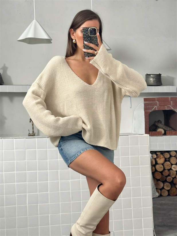 Selanik Örgü V Yaka Triko Kazak - Taş