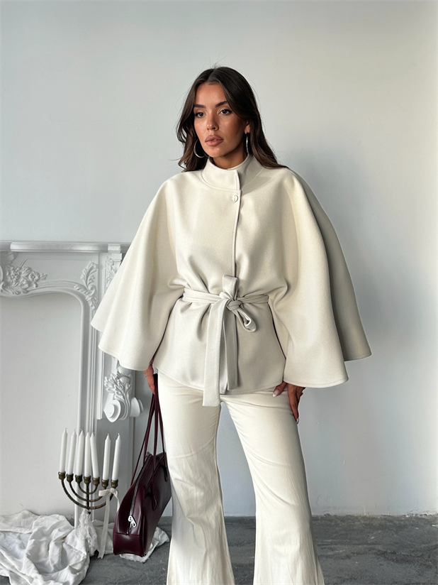 Kaşe Kuşaklı Pelerin Kaban - Taş