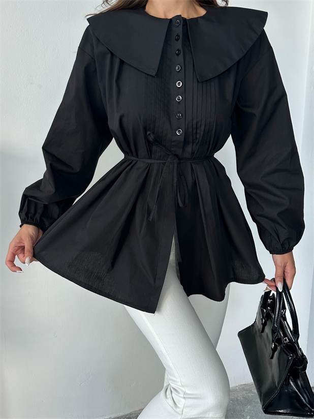 Geniş Yaka Poplin Gömlek - Siyah