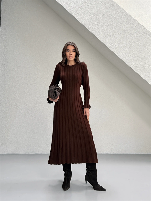 Bağlamalı Fitilli Triko Elbise - Kahve