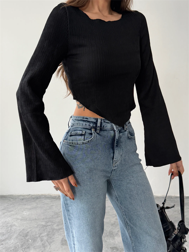 İspanyol Kol Akordiyon Bluz - Siyah