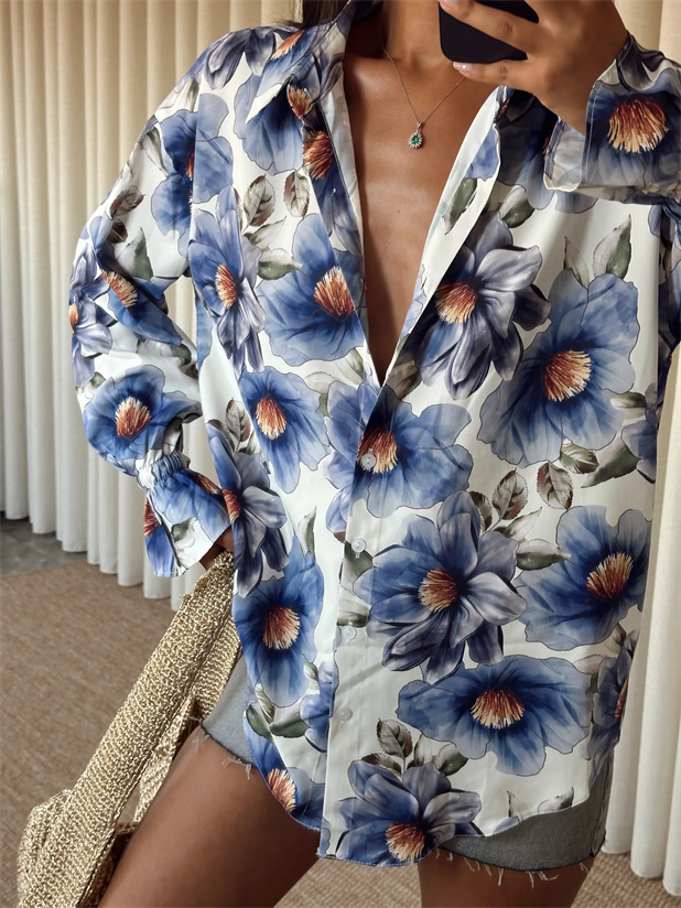 Çiçek Desenli Gömlek - Lacivert