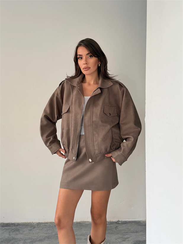 Süet Etek Ceket Takım  - Vizon