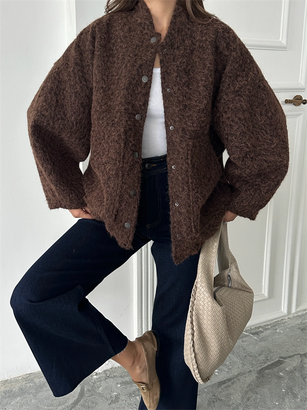 Kırçıllı Kaşe Mont - Koyu Kahve