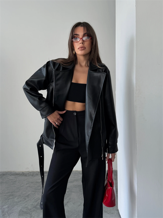 Kemerli Oversize Deri Ceket  - Siyah