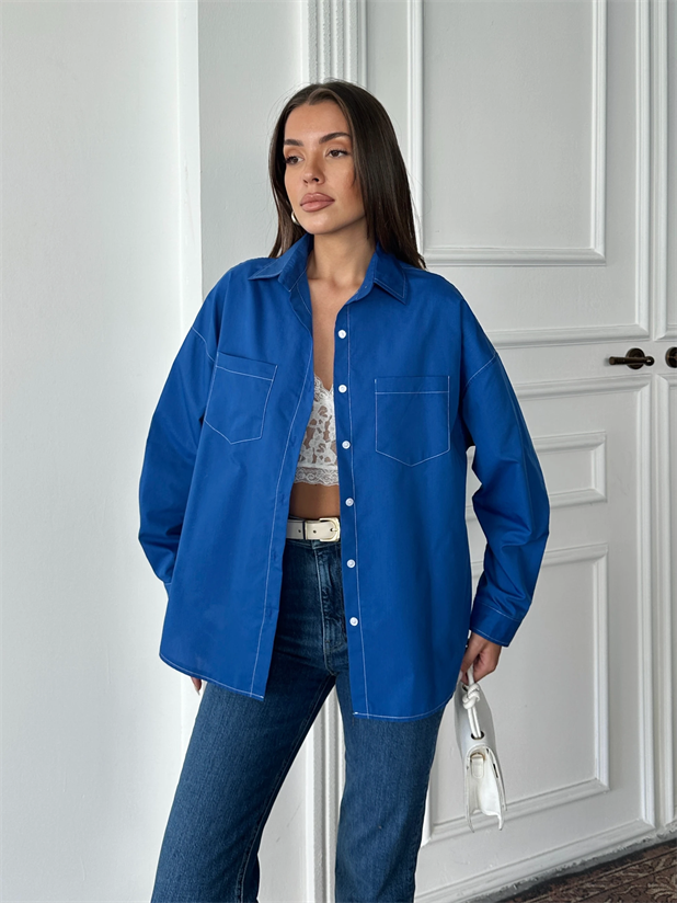 Süs Dikiş Detay Gömlek - Saks Mavi