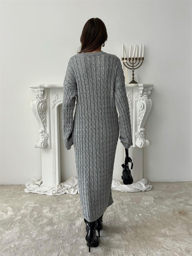 Saç Örgü Triko Elbise - Gri