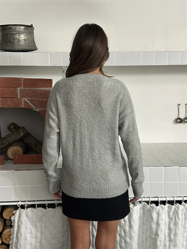 Şardonlu V Yaka Kazak - Gri