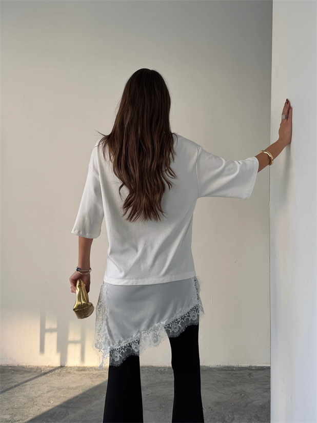 Dantel Detaylı Oversize Basic - Ekru