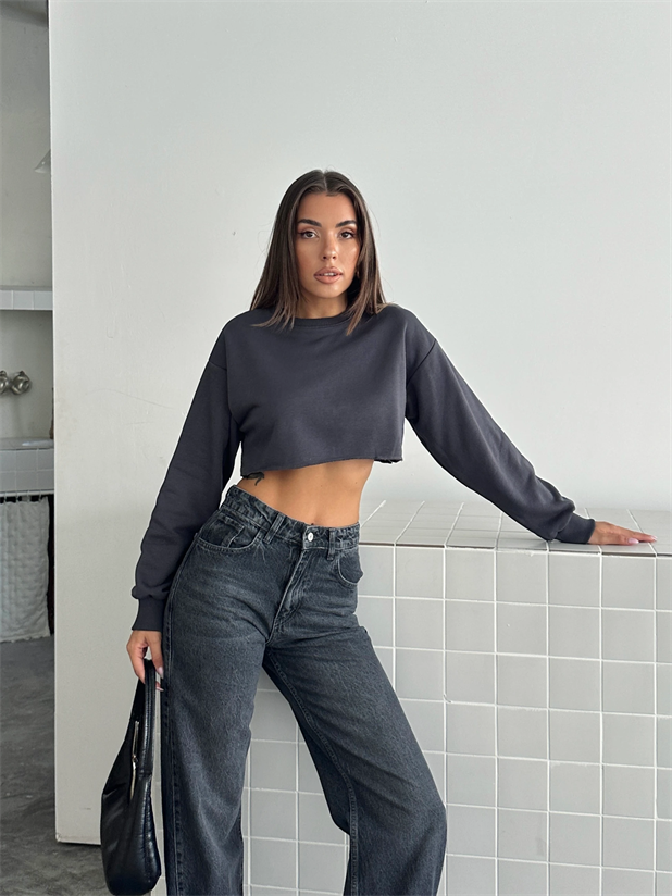 Dikişsiz Crop Sweat - Füme