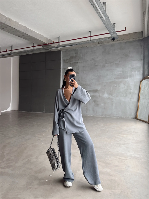 Belden Bağlamalı Keten Kimono Takım - Antrasit