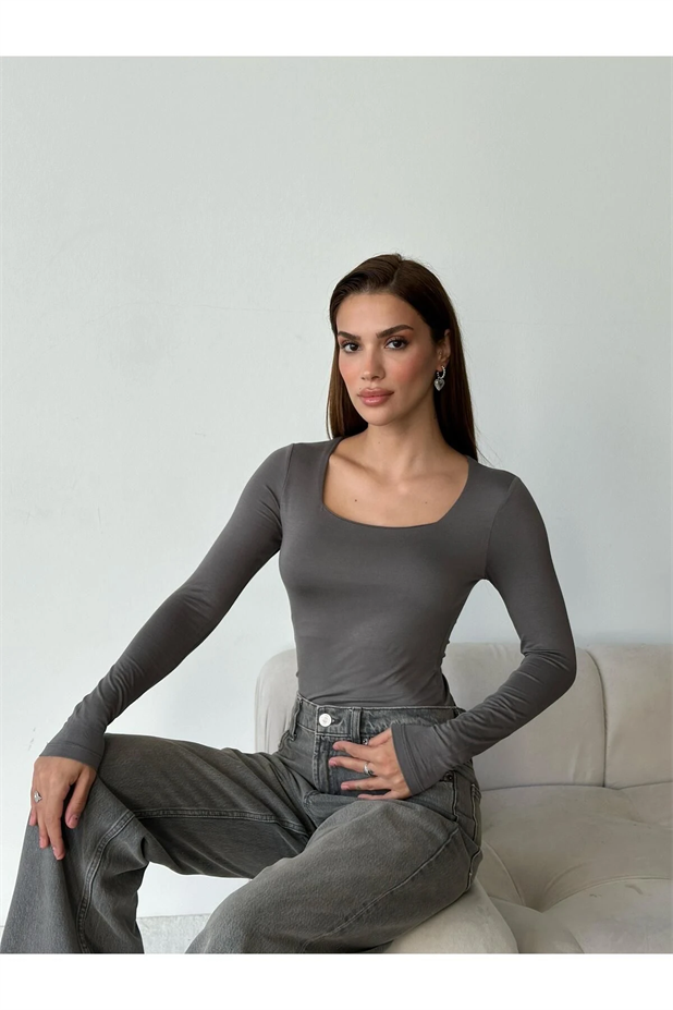 Kare Yaka Basic Bluz Gri - Gri