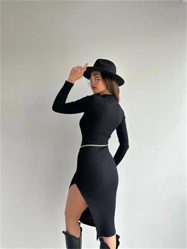 Balıkçı Yaka Fitilli Basic Elbise Siyah - Siyah