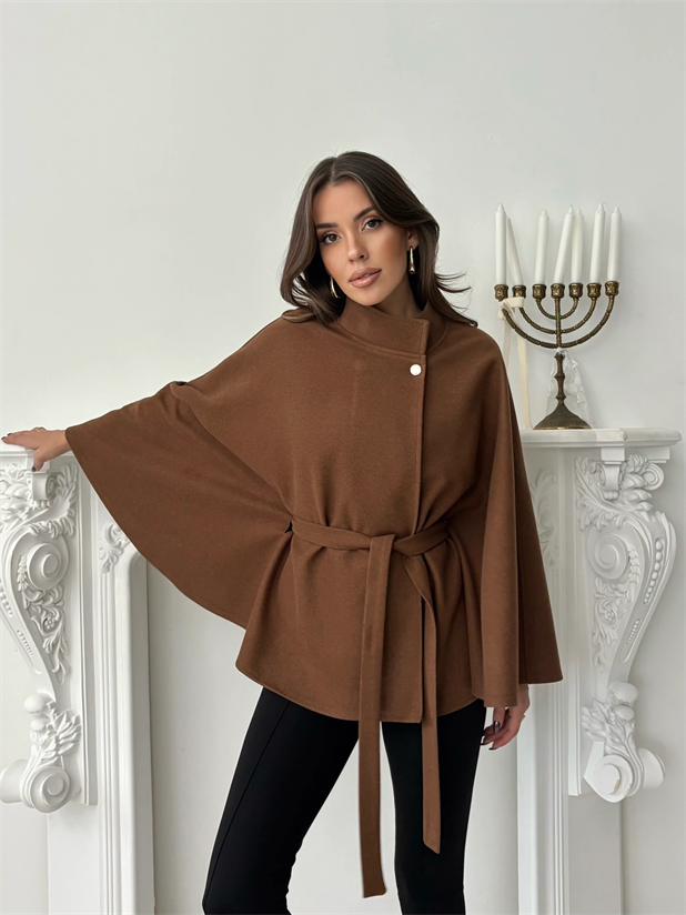 Kaşe Kuşaklı Pelerin Kaban - Taba