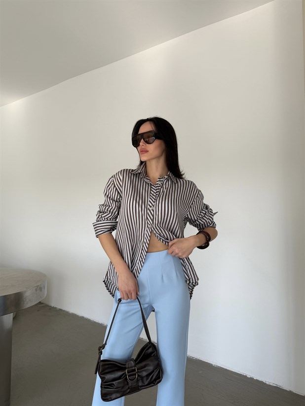 Çizgili Kol Manşet Detaylı Gömlek - Kahve