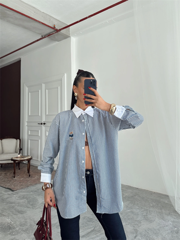 Çizgili Ayıcıklı Gömlek - Lacivert