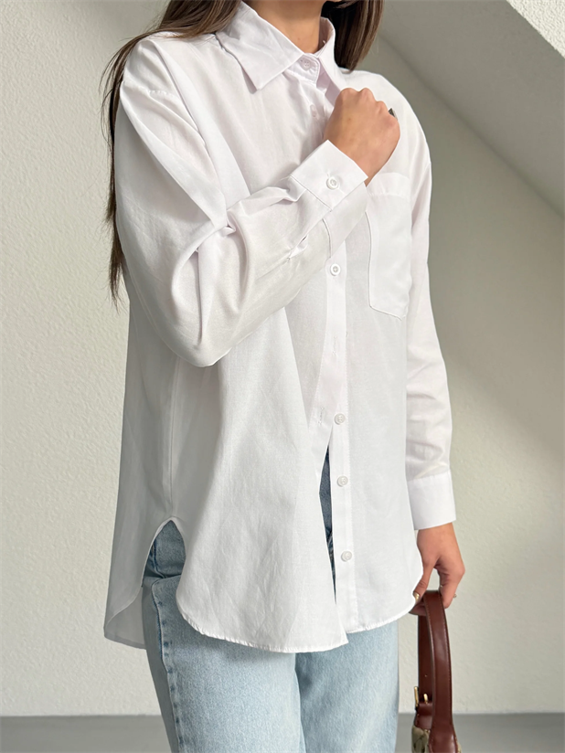 Tek Cep Boyfriend Gömlek - Beyaz