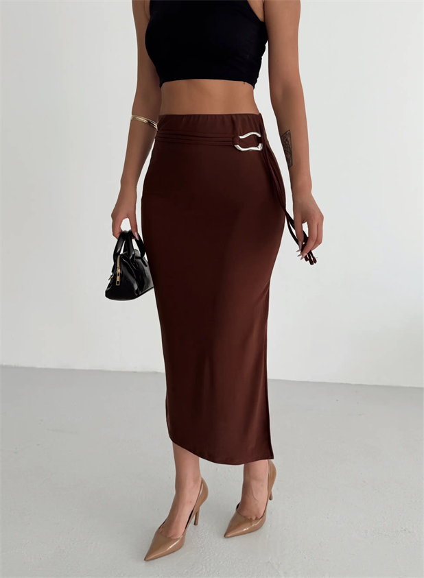 Tokalı Midi Etek  - Kahve