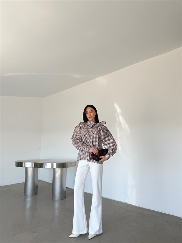 Bağlama Detaylı Poplin Bluz - Kahve