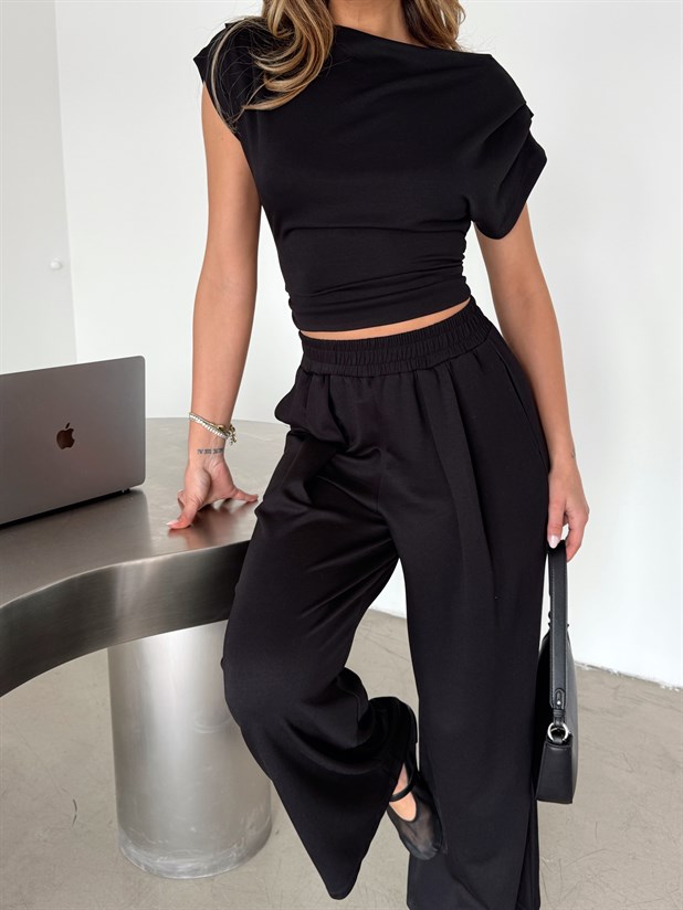 Pileli Palazzo Takım - Siyah