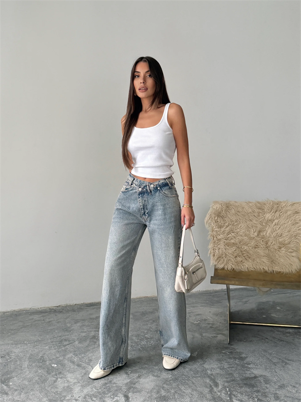 Çift Düğmeli Eskitme Palazzo Jean - Mavi Yıkama