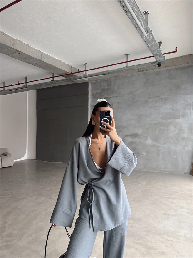 Belden Bağlamalı Keten Kimono Takım - Antrasit