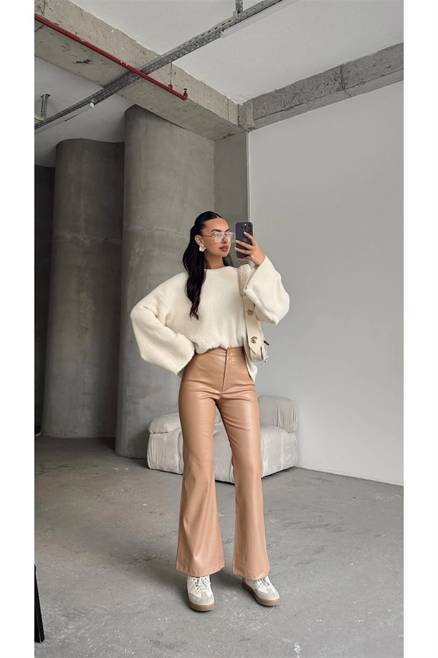 Bilek Boy Flare Paça Deri Pantolon Vizon - Vizon