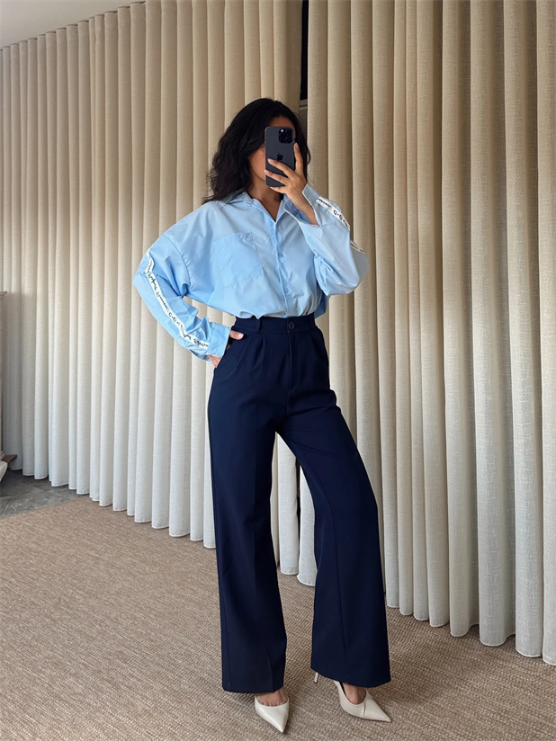 Bel Lastik Palazzo Pantolon - Lacivert