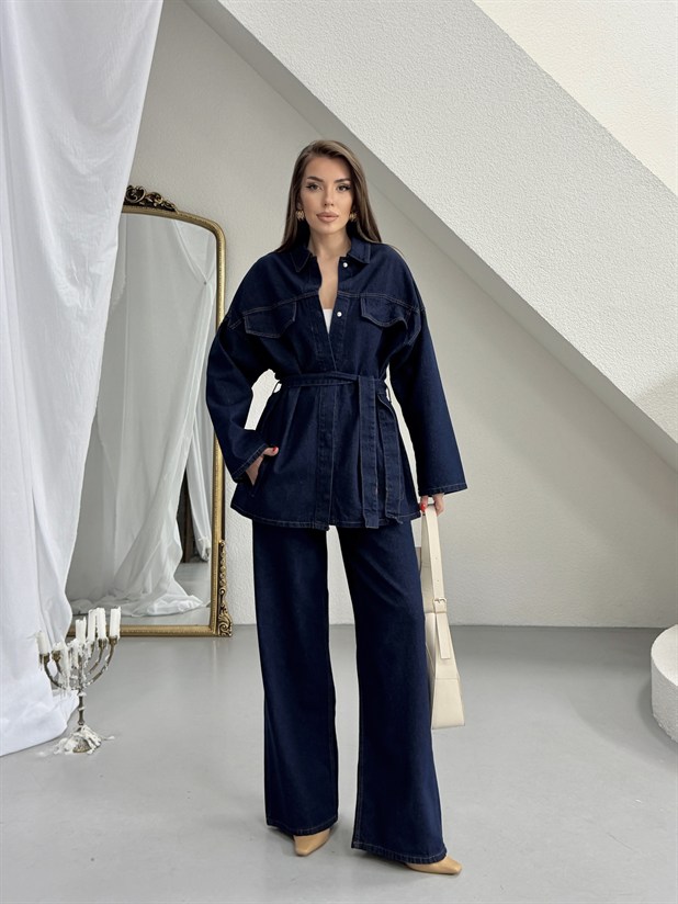 Cep Detaylı Denim Takım - Lacivert