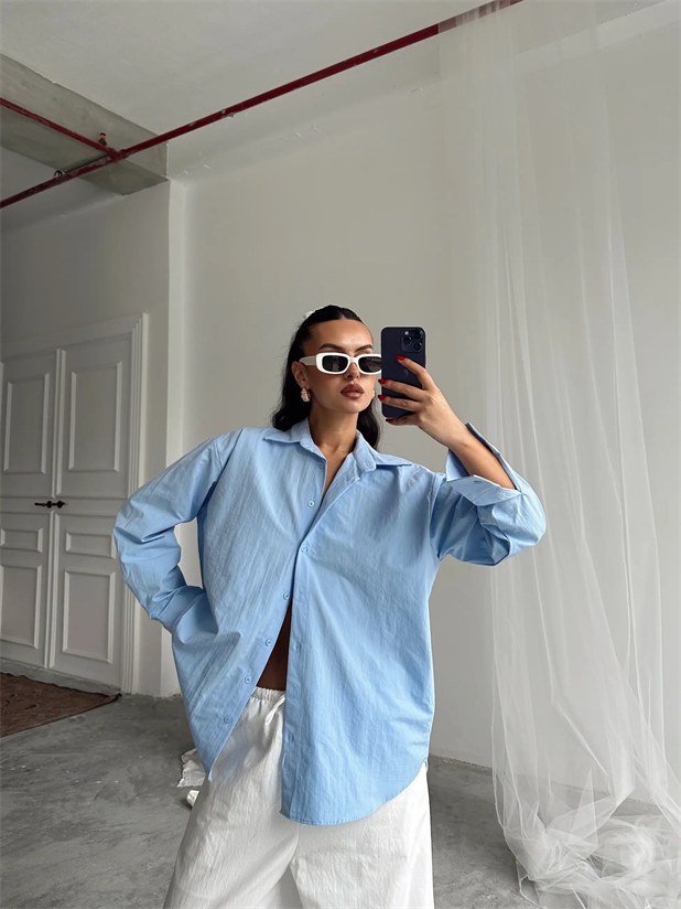 Düşük Omuz Oversize Gömlek - Bebe Mavi