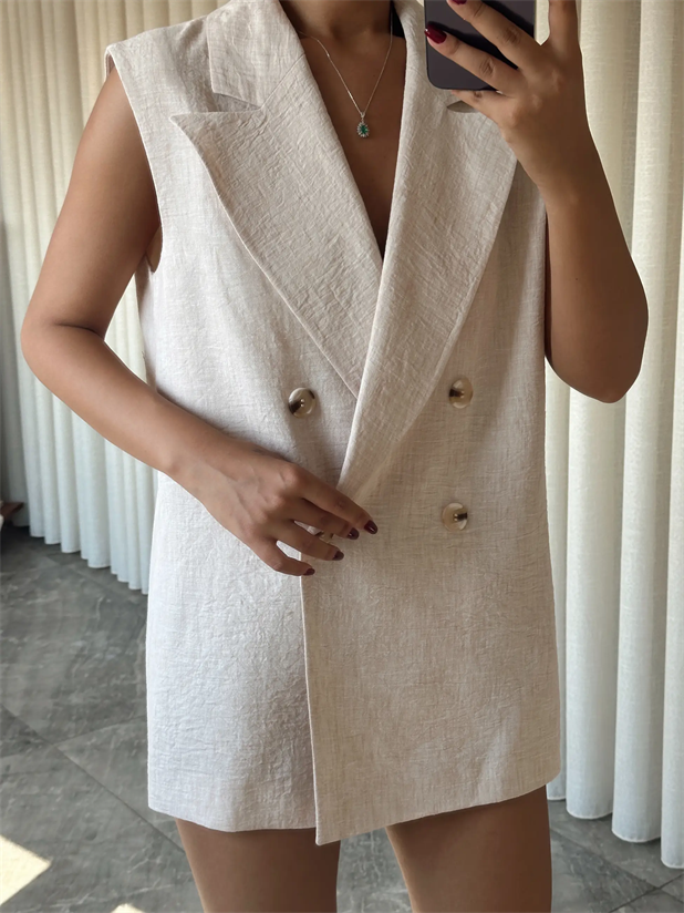 Düğmeli Keten Yelek Bej - Bej