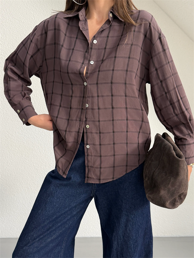 Kare Desenli Gömlek - Kahve