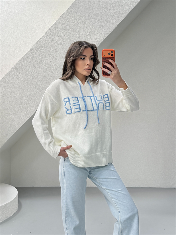 Kapüşonlu Butter Triko Kazak - Beyaz