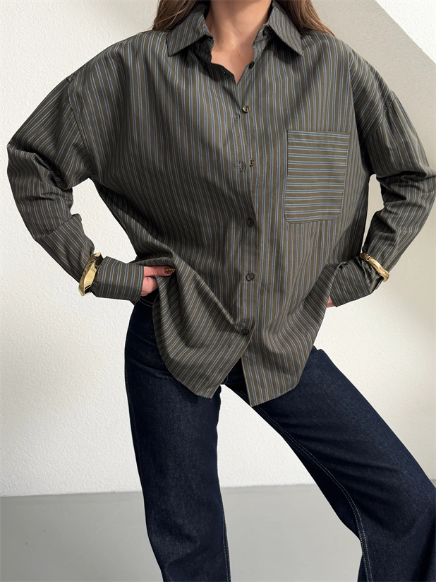 Çizgili Boyfriend Gömlek - Haki